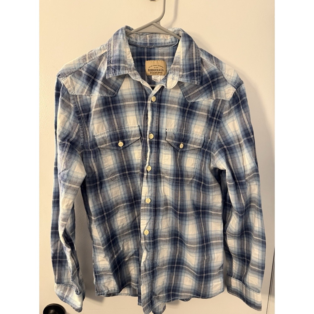 Roebuck & Co Shirt Mens Medium M Blue White Plaid Woven Long Sleeve Button Up